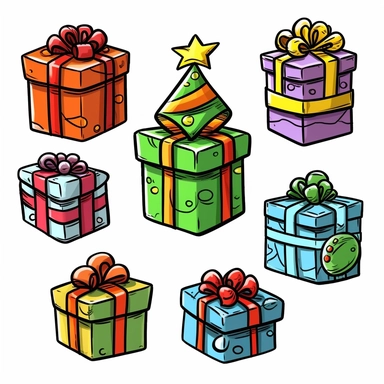 christmas gift boxes, objects, vibrant colors, cel shading, game graphics, clean lines, lineart, simple, cute, on white background, vector art, clip art, doodle art, comic art
