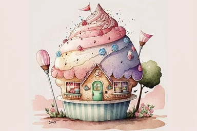 Very cute and Whimsical cupcake house, colorful, Watercolored illustration, clipart, white background