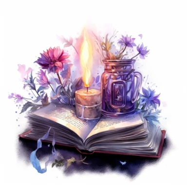 Spellbook, in the style of light silver and violet, mysterious and dreamlike scenes, realistic painted still lifes, vibrant watercolors, dreamlike installations, witchy academia, contest winner, watercolor clipart