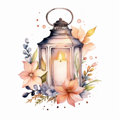 A watercolor clipart showcasing a lantern filled with twinkling fairy lights, surrounded by floral elements, evoking a magical and ethereal cottagecore ambiance , minimalist ,isolated white background,8k