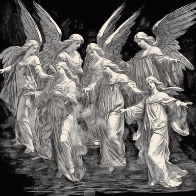 sketch clipart of group of flying angels, hd, white on black background, spaced out,--ar 3:2