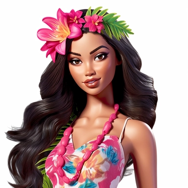 Beautiful pretty barbie doll hawaiian style, dark hair, paint art style, detail, clipart, white background, superrealistic, one of a kind