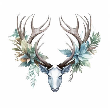 Fantasy Style Beautiful Deer Antlers with watercolor effect,Bay leaves,suitable for digital clipart,white background,Mythologic Scene,Ancient rome fashion