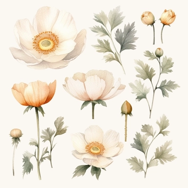 Watercolour clipart white color variations, burnet rose blossom, vintage effect, high quality, soft and muted colours, bright white background, 8k, f1