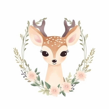cute fawn in a dainty minimalist floral wreath, magical, kids art, clipart, isolated white background, 8k