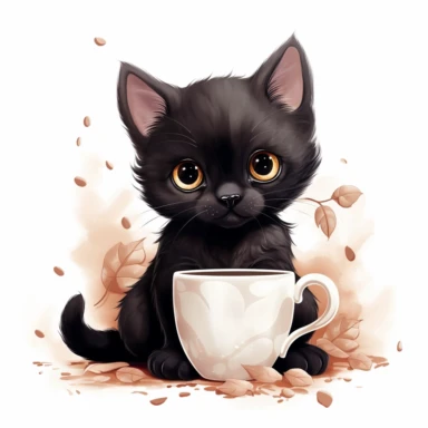Create a Cute Black Cat Animals Sublimation cartoon Clipart, Drink Coffee , background white, high Resolution