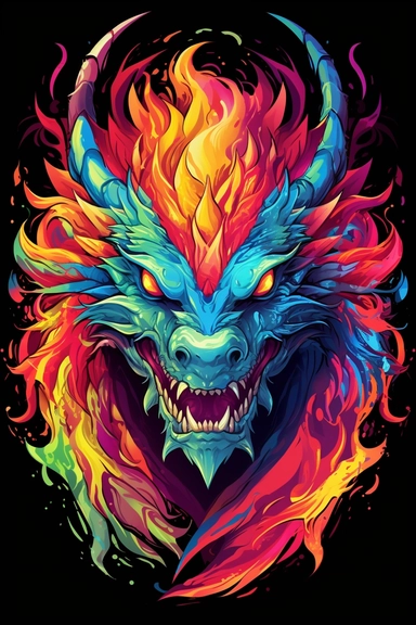 Tshirt design scary flame dragon, very vibrant colors, cartoon style, white background, clipart, 2D, colorful, HD