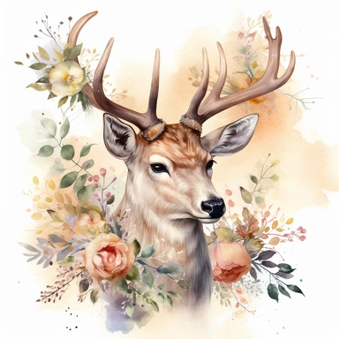 magestic Watercolor deer with antlers clipart, Wild animal in flowers clipart, Flower antlers, watercolor illustration, realistic, soft colors, golden hour, multi-layered, hd--no watermarks, no text