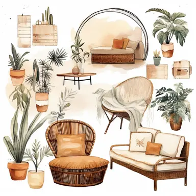 beautiful boho furniture, neutral tones, watercolor clipart, solid white background, hard edges, smooth