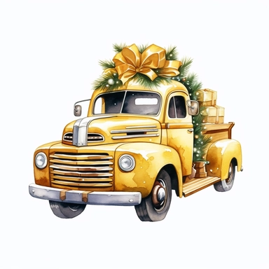vector watercolor hyper realistic vintage classic gold Christmas truck gold hubcaps clipart on white background, Christmas truck with presents, decorated in Christmas style, photorealistic, realistic, detailed watercolor style, on white background, gold Christmas truck with gold hubcaps
