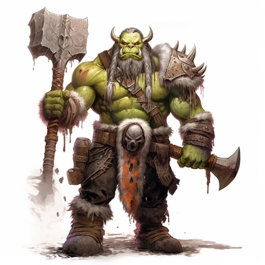 beautiful painted Thrall from World of Warcraft, war chief, full body , holding his orgrim doomhammer, paint art style, detail, clipart, white background, superrealistic, one of a kind