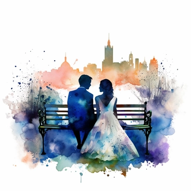 Create a watercolor clipart of a bride and groom sitting together on a park bench, with a city skyline in the distance. No Background