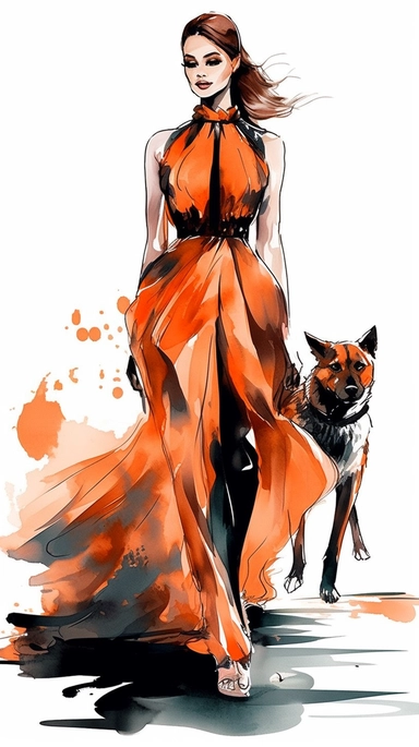 cute young high fashion woman wearing a Halston gown, walking her adorable little dog, vector clipart alcohol ink