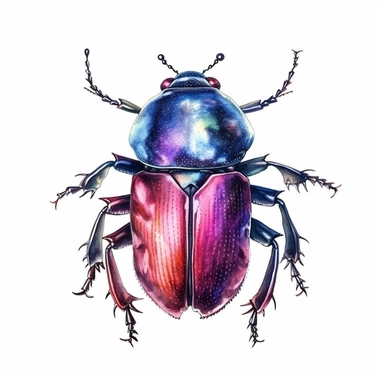 beetle clipart watercolour, purple black brown red and blue, white background,