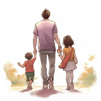 view of back, father holding daughter and boy hand walking away. Watercolor Clipart, strybk, full Illustration, chibi kawaii, 8k, sharp focus, watercolor, smooth soft skin, symmetrical, soft lighting, detailed face, concept art, muted colors, children's style fairy tales, Octane rendering, 3D, Craig Davison, Aubrey Beardsley, Conrad Roset, Aikut Aidogdu, Agnes Cecil