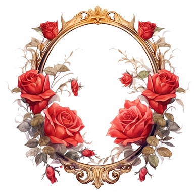 watercolor, white background, clipart, watercolor, white background, ultra-realistic and hyper-detailed clipart beautiful mirror surrounded by red roses, red and rich gold hues