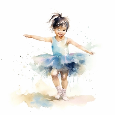 little asian girl dancing in tutu, watercolor, pastels, whitebackground, clipart
