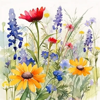 a close up perspective with a white background of high quality colorful wildflowers in a meadow watercolor clipart--tile
