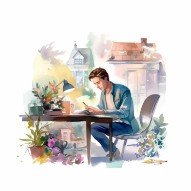 Vector clipart, isolated on white background, beautiful lovely Watercolor Spring, a man in in his mid-30s sitting at a tidy home office desk, a miniature model house on his desk, ornated, pastel and saturated colors