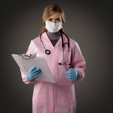 Female doctor, white lab coat, clipped ID badge, wearing pink latex gloves, clipboard, stethoscope, looking at camera, smiling, photorealism