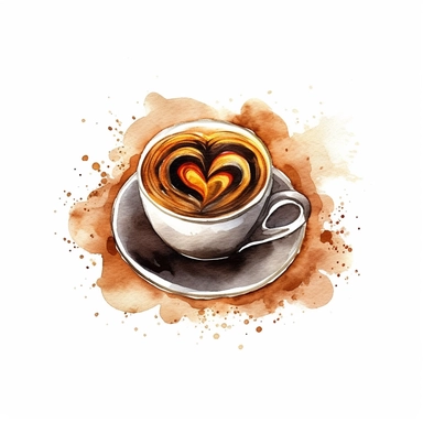 A steaming cup of black coffee with a heart-shaped swirl on top. (Watercolor clipart, white background, no text.)