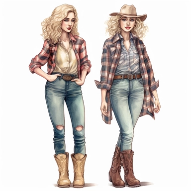 2 hand drawn country women with blonde hair,one has curly hair,wearing plaid western shirts and cowgirl boots, full body, glamorous, very detailed and realistic , watercolor, white background with margins, clipart style