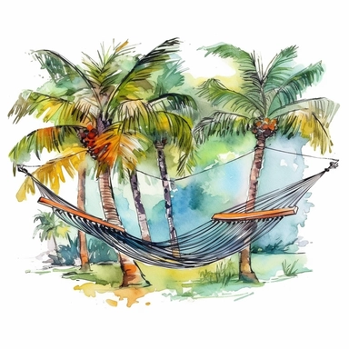 watercolor colorful clipart of a lazy hammock between palm trees, hd, on white background