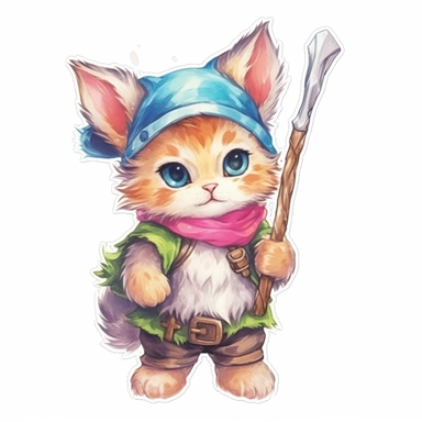 sticker with white border, on white background, cute baby bobcat, adventurer, fantasy, dungeons and dragons, watercolor clipart, vibrant rainbow colors, classic disney style, playful and whimsical watercolor
