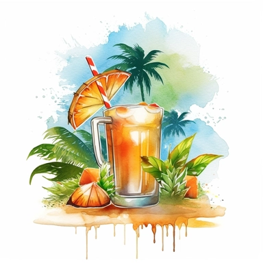 logo summer Fresh cold cocktail on tropical beach with palms and bright sand. Summer sea vacation and travel iclend clipart watercolor white background