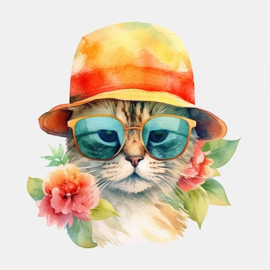 clip art , cute cat in a summer hat and sunglasses , watercolor , no background