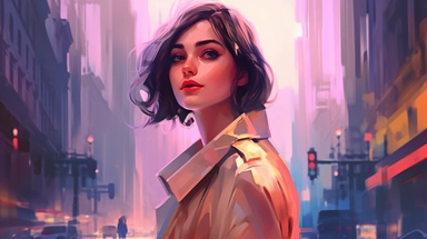 beautiful stunning pretty vintage, futuristic bladerunner style young woman, paint art style, clipart, city landscape background, superrealistic, one of a kind