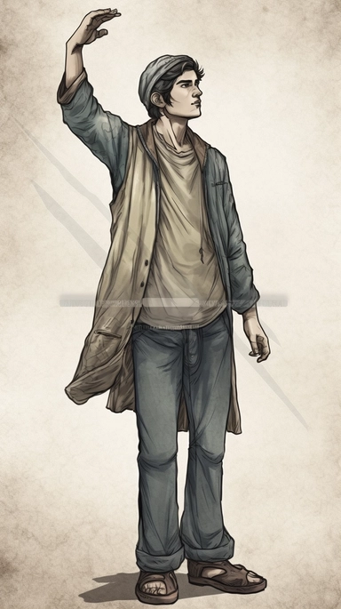 a young man reaching with his hand somthing above him , dusty clothes, muslim young man clothes , standing+dark color tones+ vintage drawing style ,clipart drawing,clipart image,high definition drawing,clean colors,balanced colors,detailed drawing,ratito 16:9 , aspects : high 1920 + width 1080