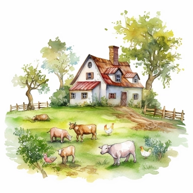 watercolor farm house clipart with meadow and some animals, white background, no comment, 8k