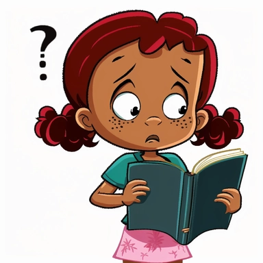 a cartoon clipart image featuring a cute eight-year-old African-American girl reading a book, on a plain white background. She should standing be with the book open in one hand, and stroking her chin in confusion with the other hand. Her facial expression should be slightly exaggerated and comical, conveying a sense of bewilderment as she tries to understand what she is reading. Make the image colorful and engaging.