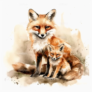 fox Mom and Baby Watercolor Clipart Graphic, 4k white background
