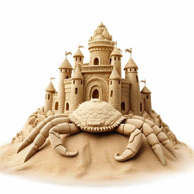 Clipart,An intricate sandcastle built by a crabs, hyperrealistic, hyper high definition