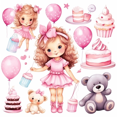 Clipart image, baby girl birthday party, clothes for princess, mix of poses and expressions, cakes, balloon, bear plushies, space out, cute, little princess, white pink inspired, white background