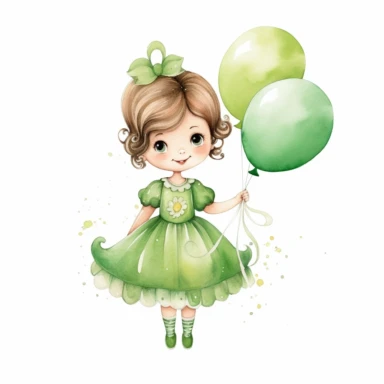 watercolor little princess clipart, green tone colors, big eyes, smiling, lovely, adorable, wearing crown, holding a baloon, full body, on white background
