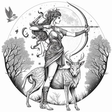 an epic statuesque Greek God Artemis, bow and arrow, animal companion, moonlit forest, clip art, tattoo design, fantasy, no color, elite, magical realism, highly detailed, full wide angle, full body, isolated on a tall all white background