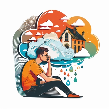 college student, thought bubble thinking about home, transparent white background, flat clipart style