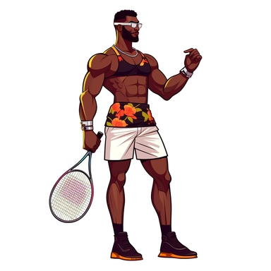 full body clipart dark skinned extremely handsome muscular black man in with head band tennis outfit with tennis racket