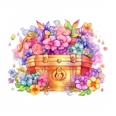 clipart, isolated on white background, Watercolor spring ornated treasure chest with jewelry and crown, detailed, flowers and plants, ornated, pastel colors