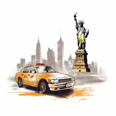 New York city clipart, taxi in front of Statue of Liberty, scrapbook style, white background