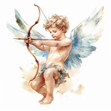 Fantasy Style Ancient Roman style Young Boy Cupid God aiming with bow and arrow with watercolor effect,beautiful white little wings,suitable for digital clipart,white background,Mythologic Scene,Ancient roman fashion