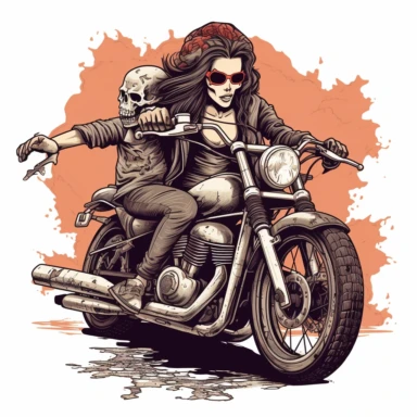 skull headed and skull faced female motorcyclist on a harley looking very tough and hardened white background clipart c 100