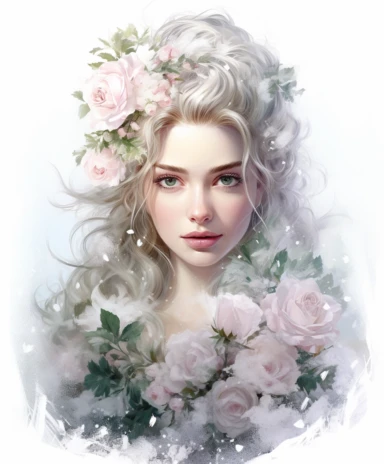 isolated on white illustration watercolor art of a portrait of beautiful feminine princess, overgrown with white and light pink roses and flowers, covered with snow and ice, a lot of moss and branches, lace and embroidery, trees, fur cape, masterpiece by Tom Bagshaw style and by Hans Zatzka style and by James C. Christensen style and by Alexander Jansson style, Baroque fashion, PNG clipart, isolated on white, white background, extreme photorealistic details, 32k HD resolution, realistic high det