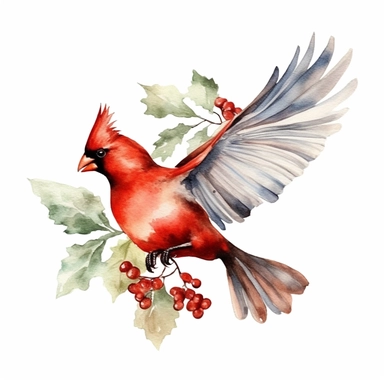 flying red cardinal bird, clipart, minimalism, watercolor, green leaves, tiny fruit