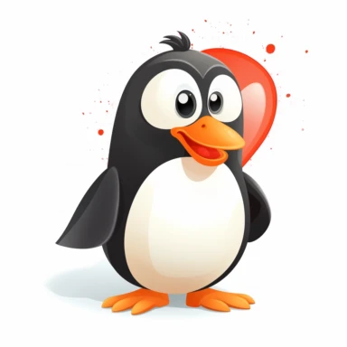 clipart, charming penguin holding a heart, vector, flat, no shadow, no gradient, white background