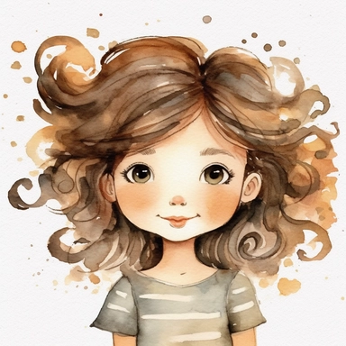 watercolour clipart of a girl, with crazy brown hair, blue-gray eyes, the sweet and scatterbrained dreamer, with a great sense of humor. She immerses herself in the world of digital design, creating exquisite papers for scrapbook albums. Though she may often forget things, her delicate touch and gentle nature shine through her artistry, make her smiling, exalted mood, white background, 8k, f1