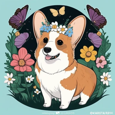 Tshirt vector graphic art of a Corgi dog wearing flower crown, very detailed, flat graphic design, magical, firefly, butterfly, fairycore, plants, vintage colors, rural life, wild flowers, Mushroom, Forest, cottagecore aesthetic, clean lines, sticker, vector image, clipart, white backgound,